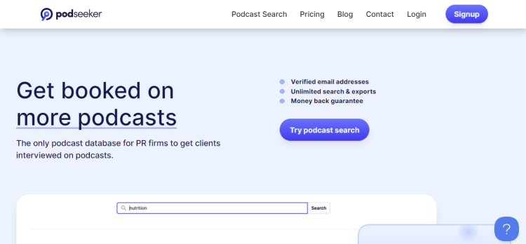 Landing page of Podseeker