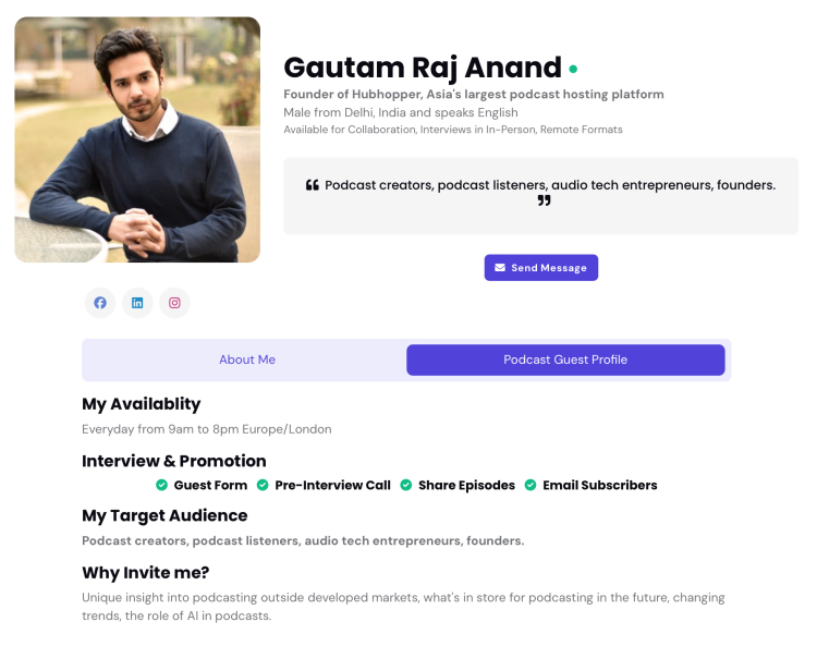 One-sheet profile for Gautam Raj Anand, founder of Hubhopper, Asia's largest podcast hosting platform.