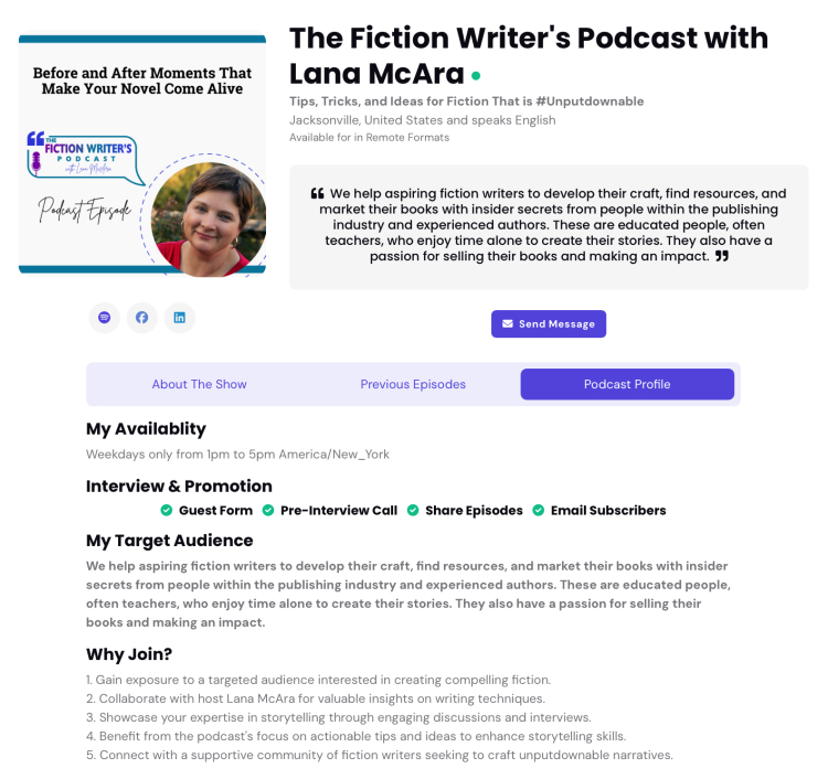 Get creative with Lana McAra's speaker one sheet profile for The Fiction Writer's Podcast.