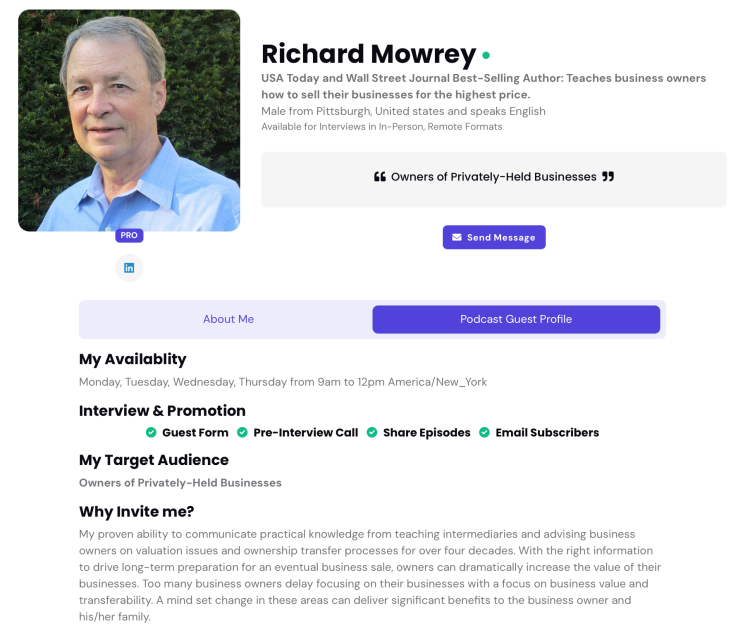 Good one sheet example: Richard Mowrey's profile highlights expertise in selling privately-held businesses.