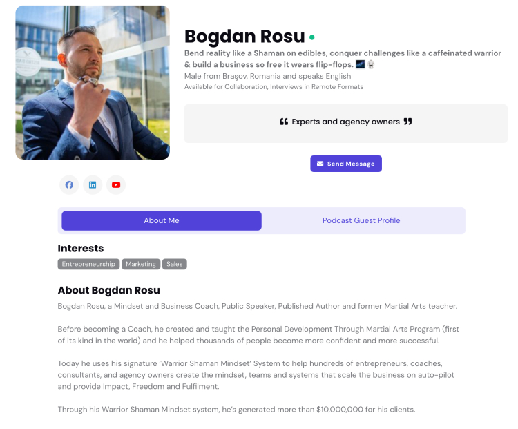 Putting together speaker one sheet: Bogdan Rosu's profile as a mindset and business coach.