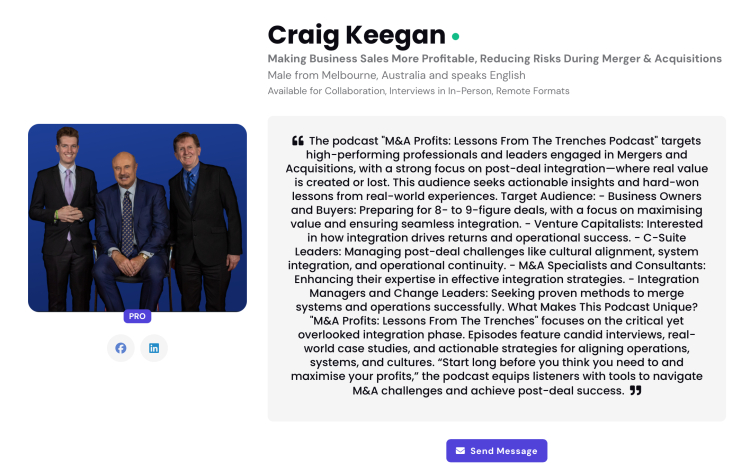 Using a speaker one sheet: Craig Keegan's profile showcases expertise in mergers and acquisitions.