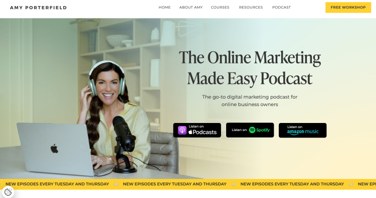 Amy Porterfield hosting her podcast "Online Marketing Made Easy," available on Spotify, offering simplified digital marketing strategies for online business owners.