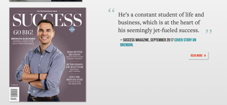 Brendon Burchard on the cover of Success Magazine, highlighting his credibility and positioning him as a good guest for podcast discussions.