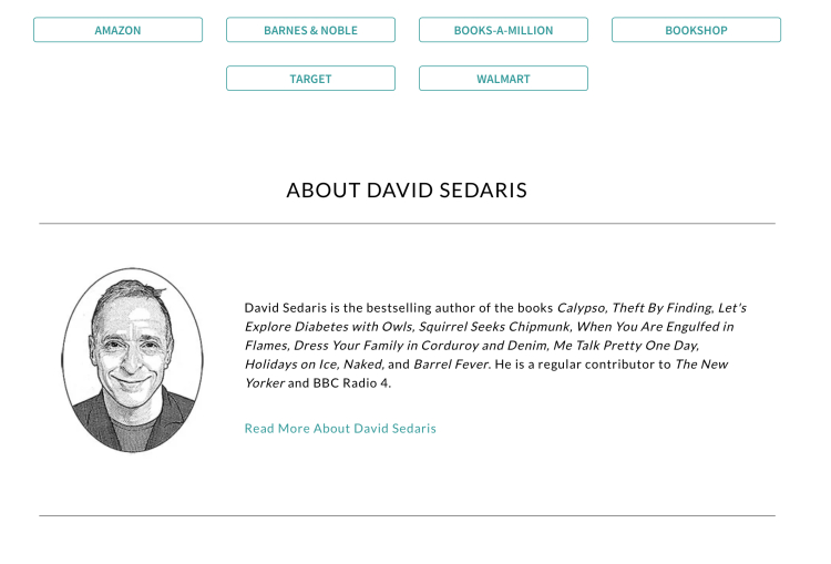 David Sedaris' author profile showcasing his bestselling books and a nice touch of humor that defines his work.