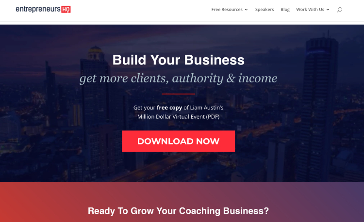 Entrepreneurs HQ page offering a free copy of Liam Austin’s Million Dollar Virtual Event PDF as a great way to connect with coaching clients.