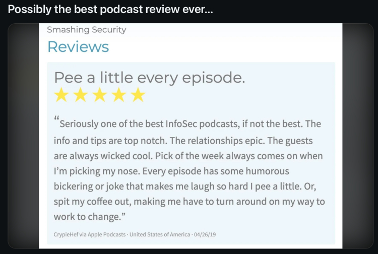 A review for a first podcast titled "Pee a little every episode," showcasing humor, engaging content, and strong relationships with listeners.