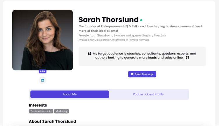 Sarah Thorslund's podcast guest profile showcasing her expertise and availability for guest podcast interviews.