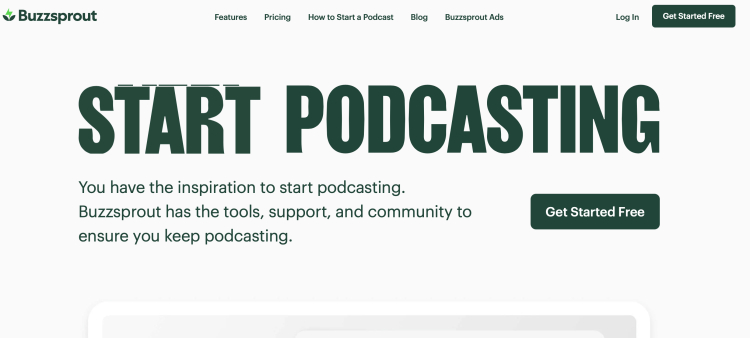 Buzzsprout platform homepage showcasing tools and resources to help your podcast grow and succeed.