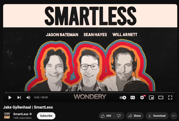 Jake Gyllenhaal on the SmartLess podcast with Jason Bateman, Sean Hayes, and Will Arnett, where it’s a conversation filled with humor and insight.