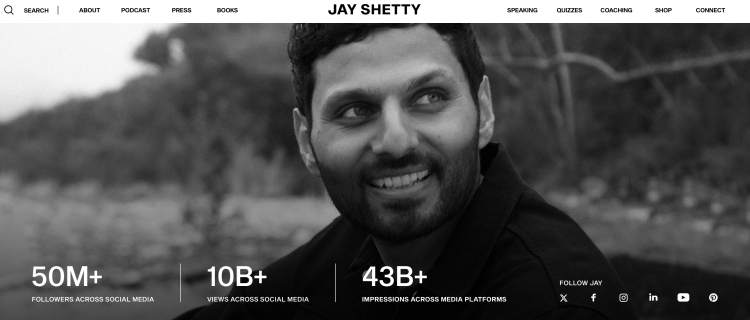 Jay Shetty showcasing his media experience, highlighting why he makes it work as an effective and engaging podcast guest.