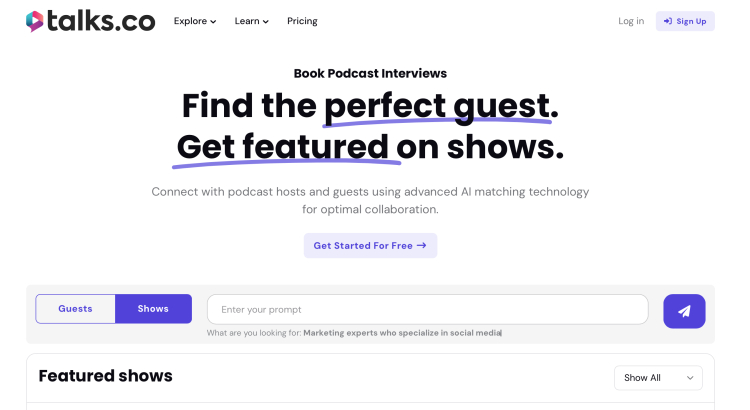 Talks.co homepage showing benefits of joining a podcast platform to connect hosts and guests using AI matching technology.