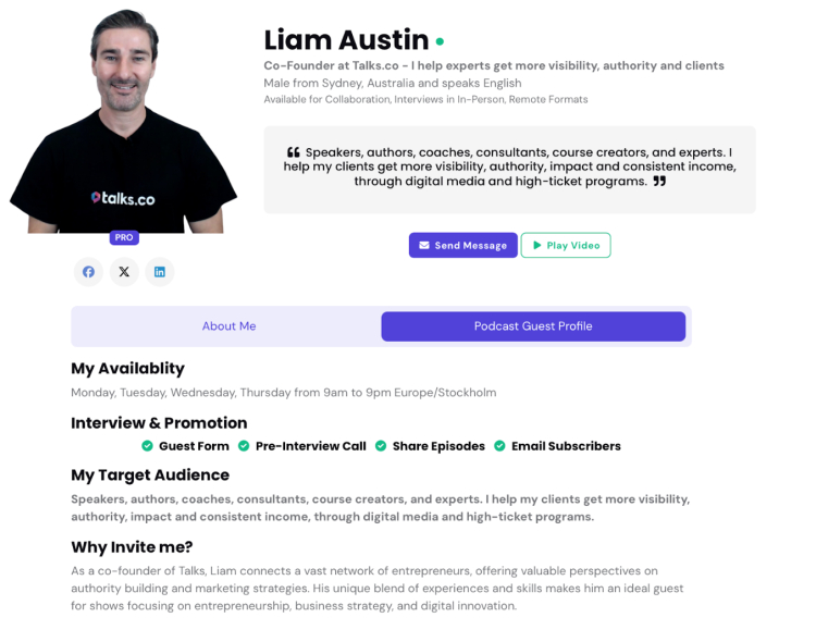 Liam Austin's speaker profile highlighting a range of things he offers as a podcast guest, including expertise in visibility, authority, and client growth strategies.