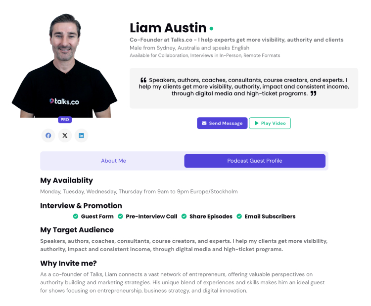 Liam Austin's podcast guest profile showcasing strategies for pitching yourself as a podcast guest and highlighting his expertise in visibility and high-ticket programs.