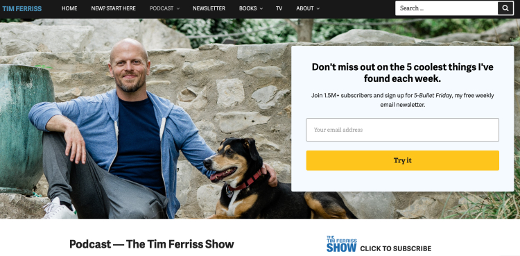 Tim Ferriss promoting podcast advertising through his newsletter and The Tim Ferriss Show.