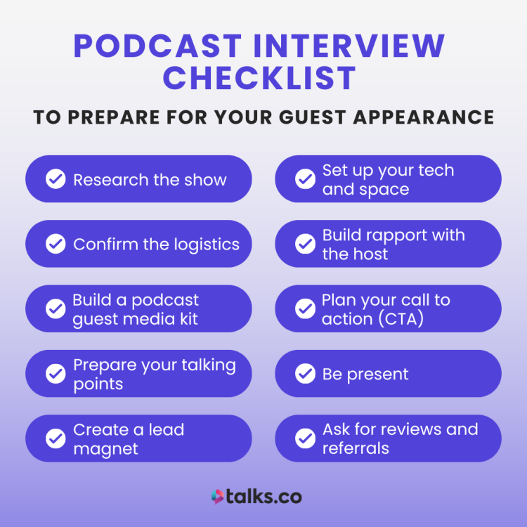 Podcast Interview Checklist with best practices for preparing for a guest appearance, including research, logistics, and building rapport.