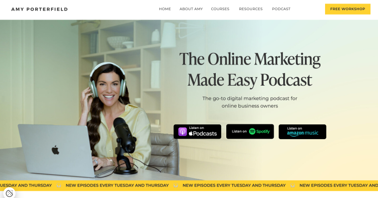 Amy Porterfield promoting her podcast The Online Marketing Made Easy Podcast, encouraging podcast subscriptions.