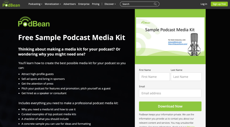 PodBean's Free Sample Podcast Media Kit page with details on creating a professional podcast media kit, highlighting podcasting benefits.