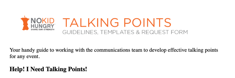 No Kid Hungry Talking Points guide for developing effective prompts and talking points for events.