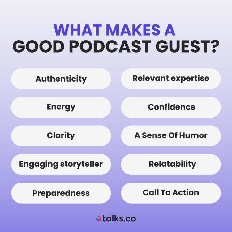 Infographic showcasing qualities like authenticity, confidence, and preparedness needed to excel in podcasts as a guest.