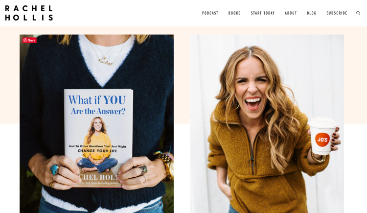 Rachel Hollis showcasing her book and vibrant personality, emphasizing relatability for podcasts and media appearances.