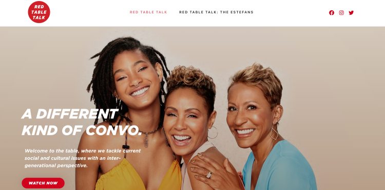 Screenshot of Red Table Talk featuring Jada Pinkett Smith, Willow Smith, and Adrienne Banfield-Norris as interviewers leading a roundtable discussion on social and cultural issues.