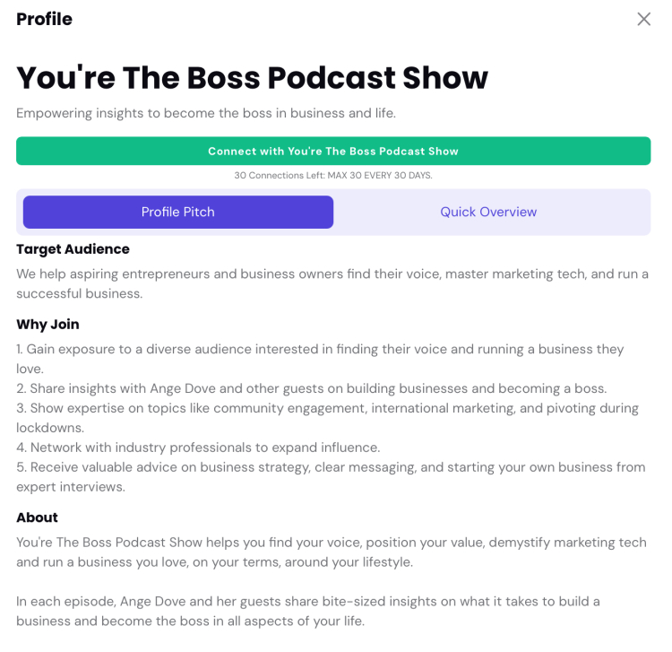 Profile of You're The Boss Podcast Show, detailing target audience, benefits of joining, and show description, emphasizing reviewing the show pre-show.