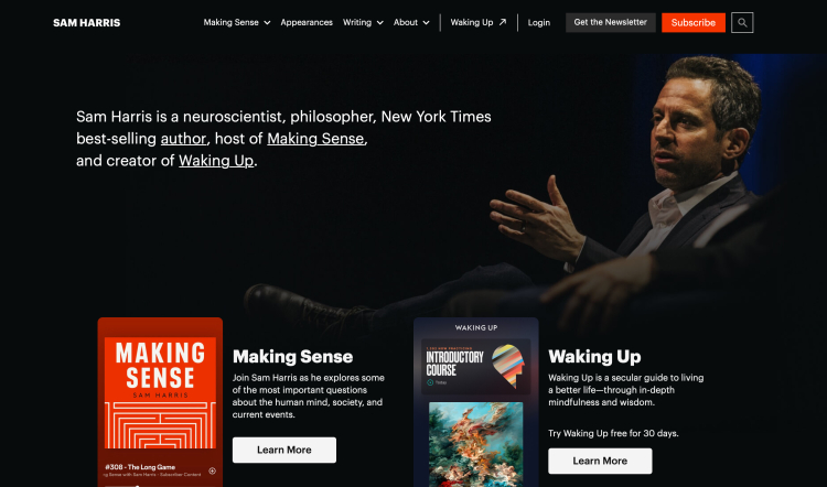 Sam Harris promoting his podcast "Making Sense" and offering paid exclusive content through the "Waking Up" program.