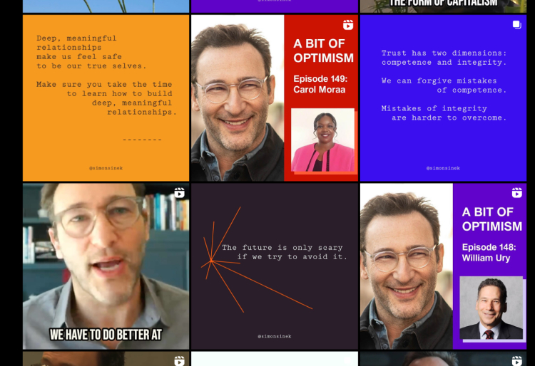 Social media grid showcasing Simon Sinek's engaging content with quotes, podcast episodes, and thought-provoking visuals.