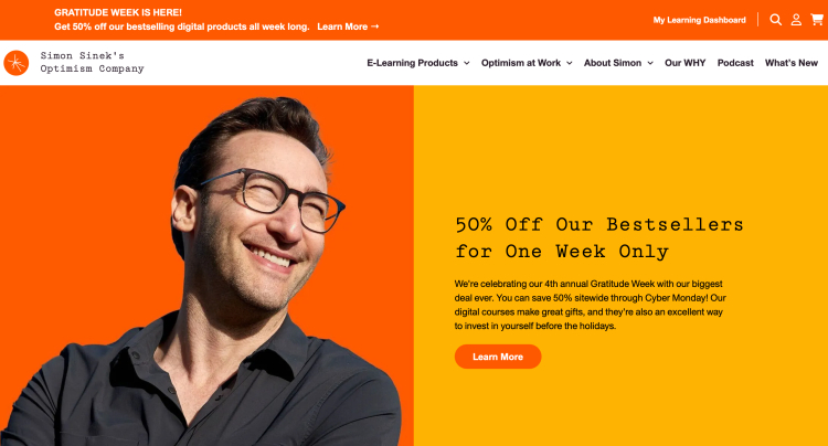 Simon Sinek promoting Gratitude Week, showcasing good practice for engaging audiences with clear messaging and offers.