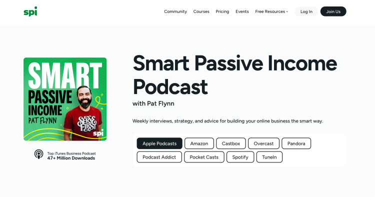 Screenshot of Pat Flynn's Smart Passive Income Podcast, showcasing strategies and interviews on how to make money from your podcast.