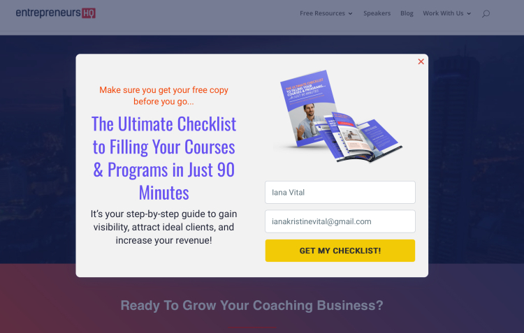 A pop-up form offering a free ultimate checklist to filling courses and programs in just 90 minutes that'll guide users in gaining visibility, attracting ideal clients, and increasing revenue.