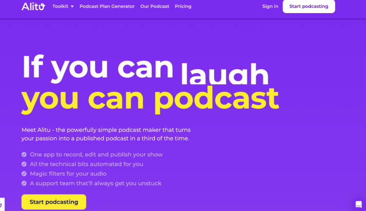 Alitu homepage showcasing its podcasting platform designed to simplify recording, editing, and publishing podcasts with automated features.