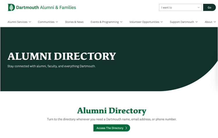 Dartmouth Alumni Directory webpage showcasing resources to connect with alumni for podcast opportunities.