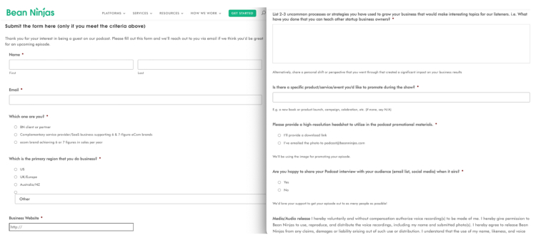 Bean Ninja podcast guest application form template with submission fields for guest information and business details.
