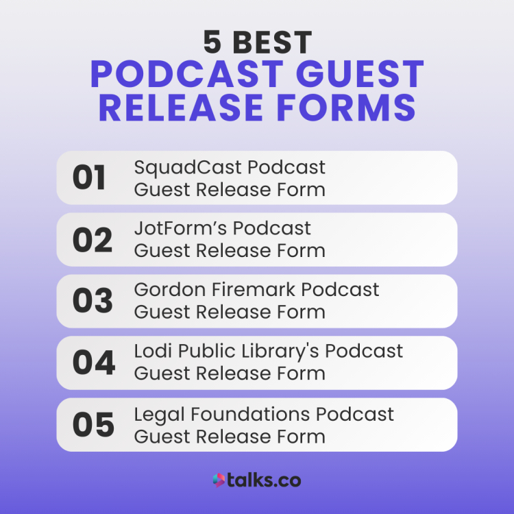 An infographic listing the 5 best podcast guest release forms, including options from SquadCast, JotForm, Gordon Firemark, Lodi Public Library, and Legal Foundations.