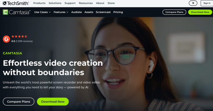 Camtasia homepage showcasing its record video and editing software for creating professional tutorials and podcasts.