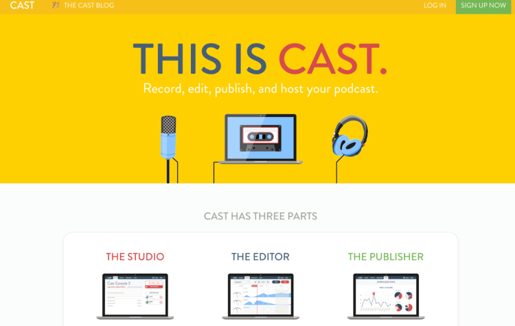 Cast homepage showcasing its podcast recording software with tools for recording, editing, publishing, and hosting.