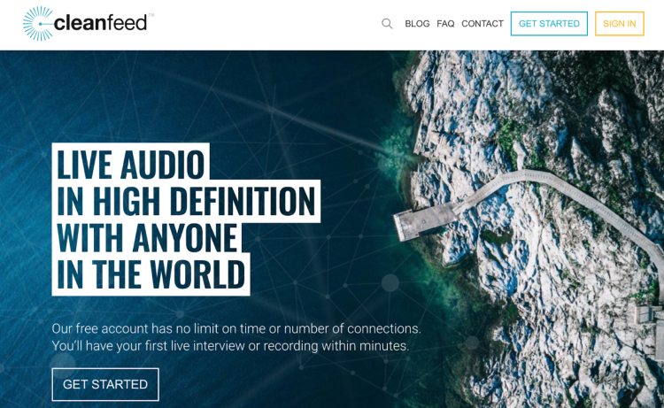 Cleanfeed homepage promoting its remote recording software for live, high-definition audio sessions with unlimited connections.