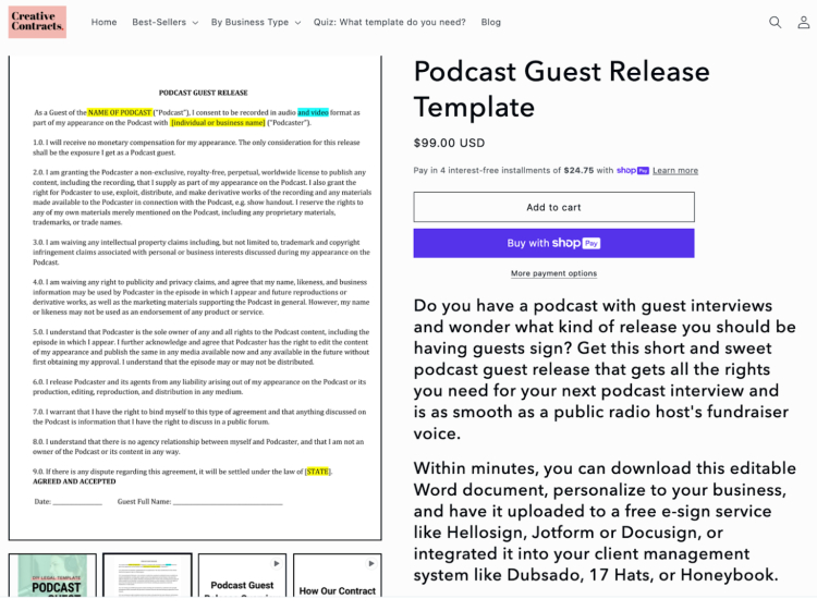 Podcast guest release template ensuring guests understand rights, consent, and terms for interviews.