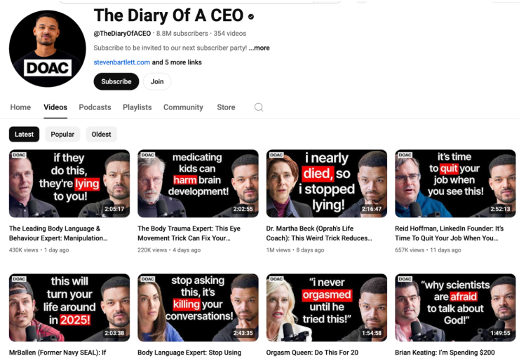 The Diary of a CEO YouTube channel, a platform showcasing interviews with individuals who could be potential guests for podcasts