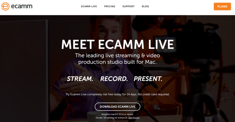 Ecamm Live homepage showcasing its HD video recording and live streaming software for Mac users.