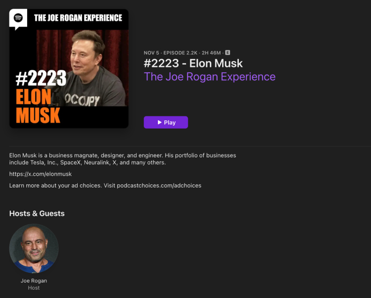 Elon Musk featured as a guest on The Joe Rogan Experience podcast, showcasing a great podcast guest example for engaging discussions.