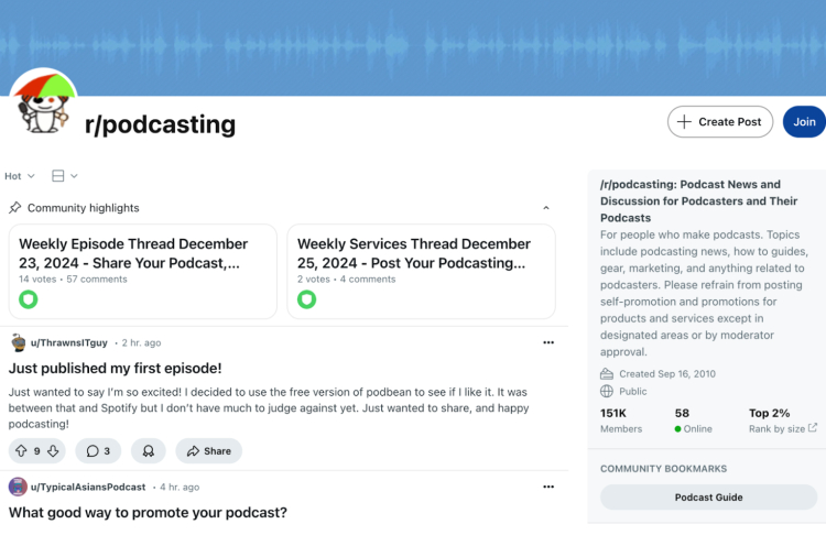 r/podcasting subreddit, a platform for finding the best podcast guests and discussing podcasting tips and strategies.