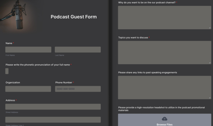 Editable free podcast guest application form template from JotForm, allowing input for guest details and topics of discussion.