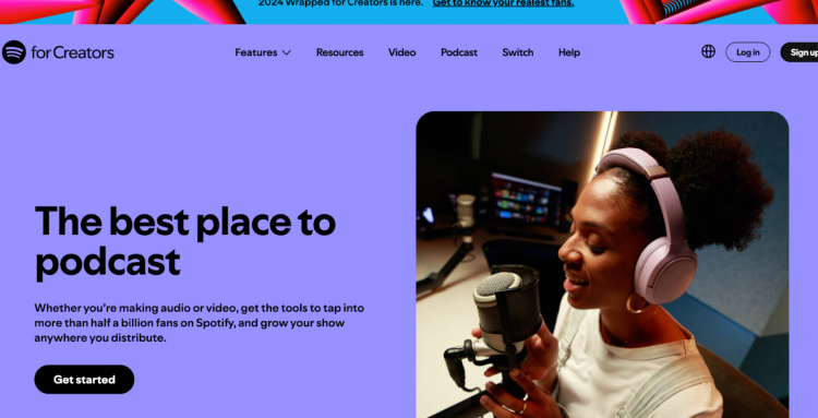 Spotify for Creators homepage promoting its free podcast hosting and tools for growing audio and video shows.