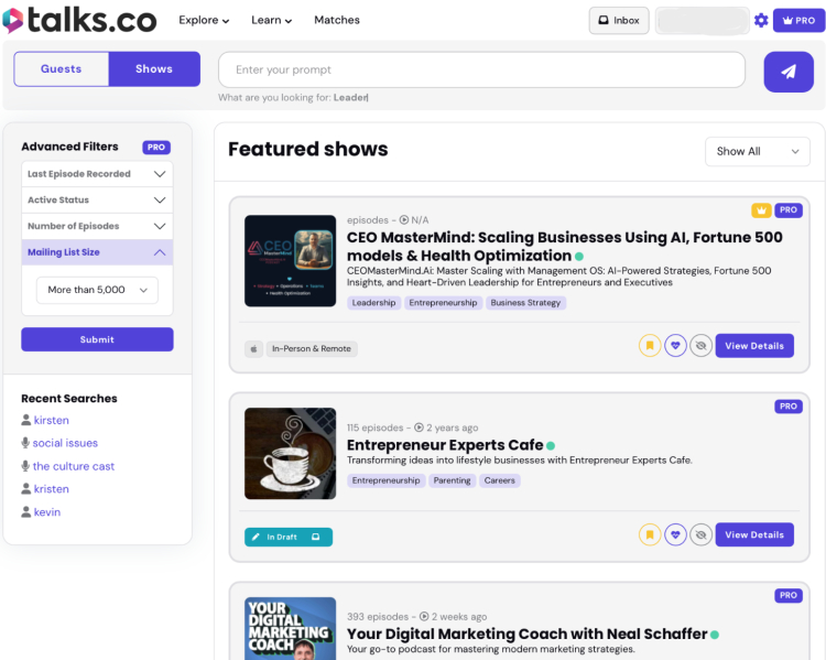 Great way to get featured on podcasts using Talks.co, a platform that connects podcast hosts and guests. The image shows featured podcast listings with filters for finding the right shows.