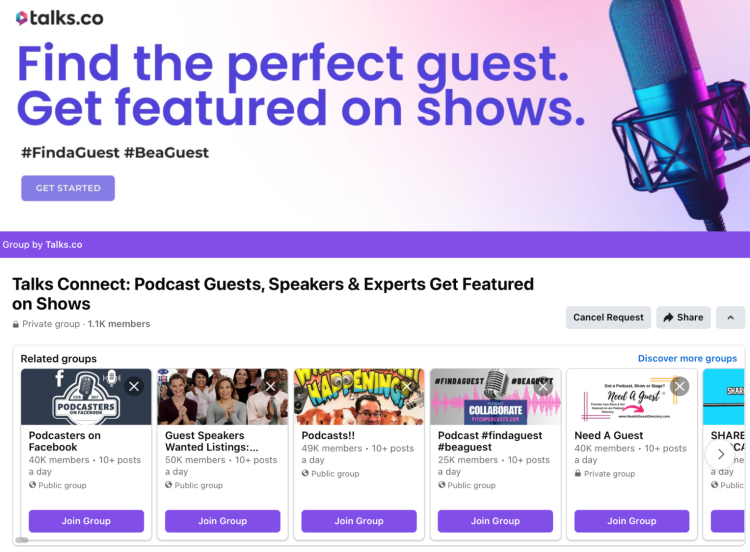 Guest on your podcast opportunities through Talks Connect, a Facebook group for podcast guests, speakers, and experts to get featured on shows.