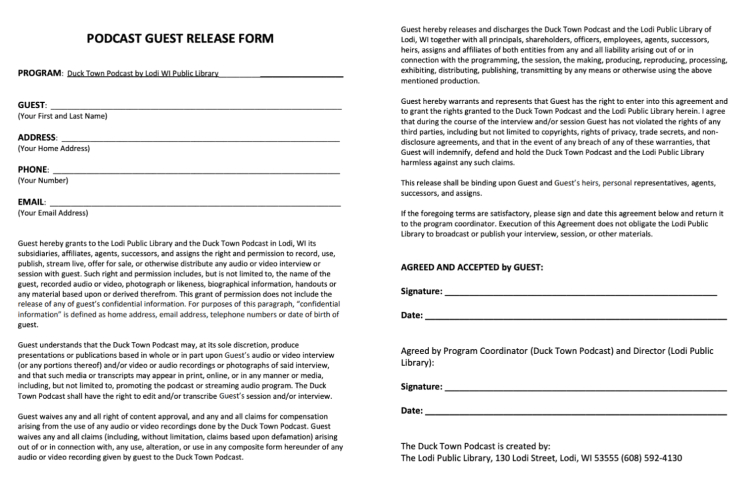 Podcast guest release form template for guests to sign, including personal details, consent for recording, and terms by Lodi Public Library.