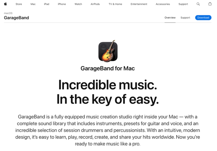 GarageBand for Mac homepage promoting its high-quality podcast creation and music production features with an intuitive design.